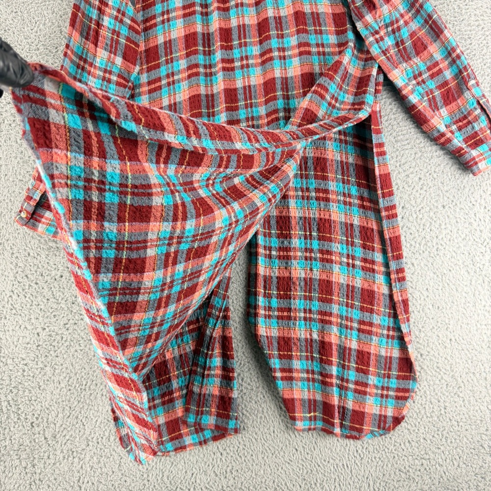 Pilcro Shirt Dress Women Medium Red Turquoise Plaid Crinkle Midi Tunic OB1609132 - Picture 11 of 14